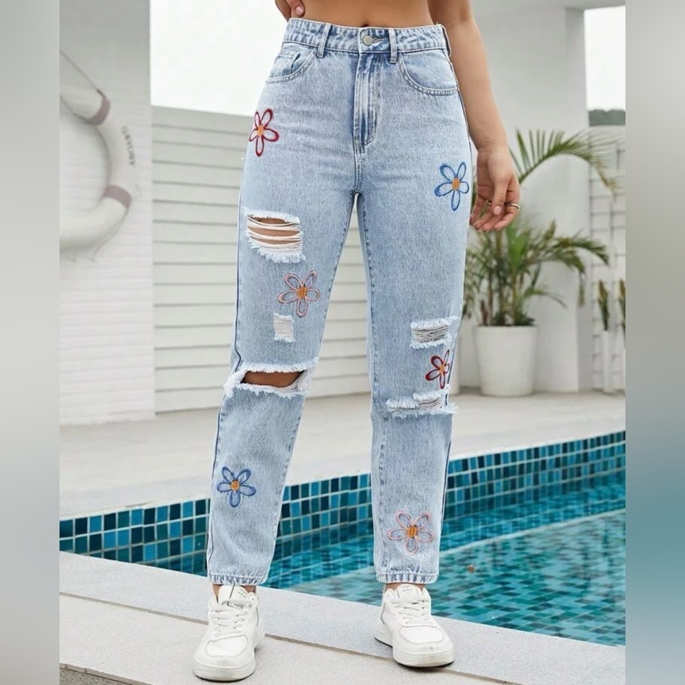 Floral Embroidered Light Blue Jeans